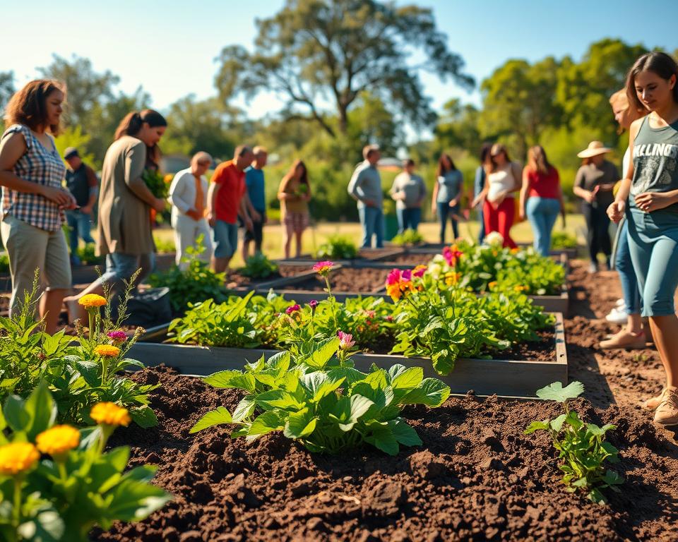 A vibrant and earthy scene of a community garden focused on building humus and enhancing soil life. In the foreground, a diverse group of gardeners in modest casual clothing is actively engaged in soil preparation, using hand tools to turn rich, dark compost into the earth. The middle ground features raised garden beds filled with lush green plants, surrounded by colorful flowers attracting beneficial insects. In the background, a clear blue sky illuminates the scene, with warm sunlight casting gentle shadows. Soft focus on distant trees frames the idyllic setting, enhancing a sense of harmony with nature. The mood is lively and nurturing, showcasing the importance of healthy soil in sustainable gardening. A vibrant and earthy scene of a community garden focused on building humus and enhancing soil life. In the foreground, a diverse group of gardeners in modest casual clothing is actively engaged in soil preparation, using hand tools to turn rich, dark compost into the earth. The middle ground features raised garden beds filled with lush green plants, surrounded by colorful flowers attracting beneficial insects. In the background, a clear blue sky illuminates the scene, with warm sunlight casting gentle shadows. Soft focus on distant trees frames the idyllic setting, enhancing a sense of harmony with nature. The mood is lively and nurturing, showcasing the importance of healthy soil in sustainable gardening.