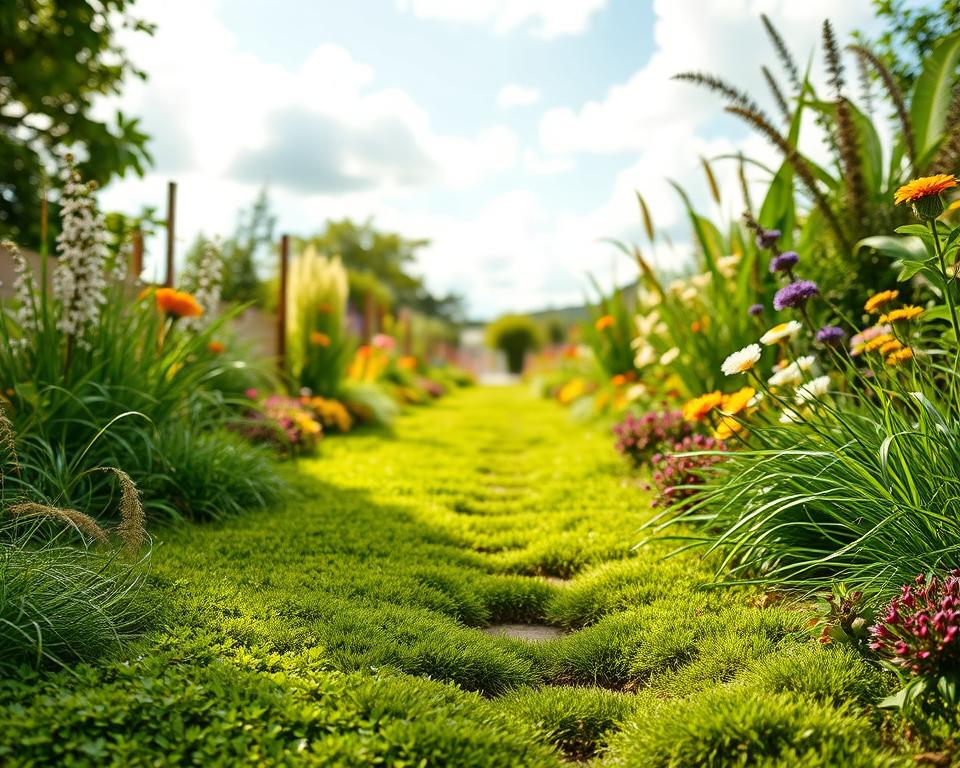 A vibrant and inviting garden space featuring various low-maintenance lawn alternatives, such as clover, moss, and ornamental grasses, filling the foreground. In the middle ground, a tranquil pathway meanders through the lush greenery, dotted with colorful perennial flowers and easy-care native plants. The background displays a soft, blurred depiction of a sunny sky with fluffy clouds, creating a serene atmosphere. Natural sunlight filters through, casting gentle shadows and highlighting the rich textures of the foliage. Use a wide-angle lens to capture the expansive feel of the garden, ensuring a warm and peaceful mood that encourages relaxation and enjoyment of an easy-to-maintain outdoor space.