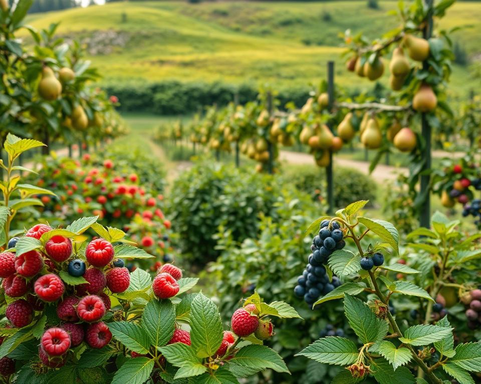 A vibrant and lush fruit garden filled with various berry bushes, espaliered fruit trees, and small fruit trees, showcasing a bounty of ripening fruits. In the foreground, include plump raspberries and blueberries on their respective bushes, with bright green leaves. In the middle, depict neatly trained apple and pear trees, their branches laden with fruit, illustrating careful cultivation. The background features a gentle slope of greenery, with soft sunlight filtering through, creating a warm and inviting glow. Use a wide-angle lens effect to capture the expansiveness of the garden, emphasizing the harmony of nature. The mood is peaceful and productive, reflecting the joy of gardening and the abundance of fresh fruits. A vibrant and lush fruit garden filled with various berry bushes, espaliered fruit trees, and small fruit trees, showcasing a bounty of ripening fruits. In the foreground, include plump raspberries and blueberries on their respective bushes, with bright green leaves. In the middle, depict neatly trained apple and pear trees, their branches laden with fruit, illustrating careful cultivation. The background features a gentle slope of greenery, with soft sunlight filtering through, creating a warm and inviting glow. Use a wide-angle lens effect to capture the expansiveness of the garden, emphasizing the harmony of nature. The mood is peaceful and productive, reflecting the joy of gardening and the abundance of fresh fruits.