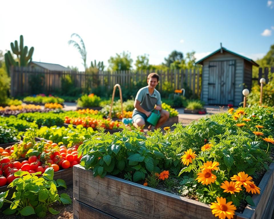 A vibrant and lush vegetable garden, showcasing an array of colorful crops such as tomatoes, lettuce, and carrots, arranged in neat rows. In the foreground, a well-tended raised bed filled with flourishing herbs like basil and parsley, bordered by blooming marigolds. The middle ground features a gardener in modest casual clothing, kneeling and tending to the plants, with a watering can nearby. In the background, a rustic wooden fence and a quaint garden shed can be seen, bathed in warm afternoon sunlight. The scene is bright and inviting, with a clear blue sky and soft, fluffy clouds. The overall atmosphere is peaceful and harmonious, emphasizing the joy of cultivating a productive garden. A vibrant and lush vegetable garden, showcasing an array of colorful crops such as tomatoes, lettuce, and carrots, arranged in neat rows. In the foreground, a well-tended raised bed filled with flourishing herbs like basil and parsley, bordered by blooming marigolds. The middle ground features a gardener in modest casual clothing, kneeling and tending to the plants, with a watering can nearby. In the background, a rustic wooden fence and a quaint garden shed can be seen, bathed in warm afternoon sunlight. The scene is bright and inviting, with a clear blue sky and soft, fluffy clouds. The overall atmosphere is peaceful and harmonious, emphasizing the joy of cultivating a productive garden.