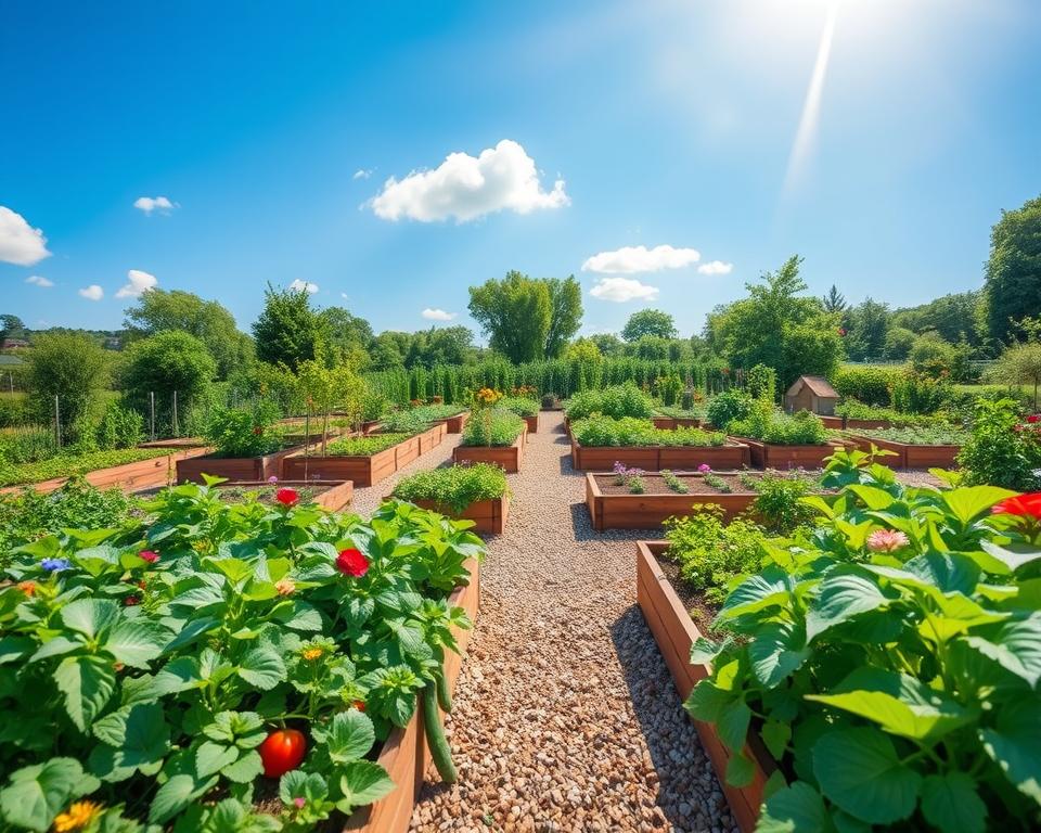 A vibrant and organized vegetable garden layout featuring a variety of structured beds: a raised bed, a mound bed, narrow bed strips, and an integrated companion planting design. In the foreground, showcase lush green plants like tomatoes, cucumbers, and herbs, with colorful flowers interspersed for visual appeal. The middle ground should include well-defined garden paths made of gravel or wood, guiding the viewer's eye through the space. In the background, a bright blue sky with a few fluffy white clouds and soft sunlight illuminating the garden, creating a warm and inviting atmosphere. Use a wide-angle lens perspective to capture the entire garden layout, highlighting the diversity of plant colors and textures. The scene should evoke a sense of tranquility and abundance, perfect for a community gardening initiative. A vibrant and organized vegetable garden layout featuring a variety of structured beds: a raised bed, a mound bed, narrow bed strips, and an integrated companion planting design. In the foreground, showcase lush green plants like tomatoes, cucumbers, and herbs, with colorful flowers interspersed for visual appeal. The middle ground should include well-defined garden paths made of gravel or wood, guiding the viewer's eye through the space. In the background, a bright blue sky with a few fluffy white clouds and soft sunlight illuminating the garden, creating a warm and inviting atmosphere. Use a wide-angle lens perspective to capture the entire garden layout, highlighting the diversity of plant colors and textures. The scene should evoke a sense of tranquility and abundance, perfect for a community gardening initiative.