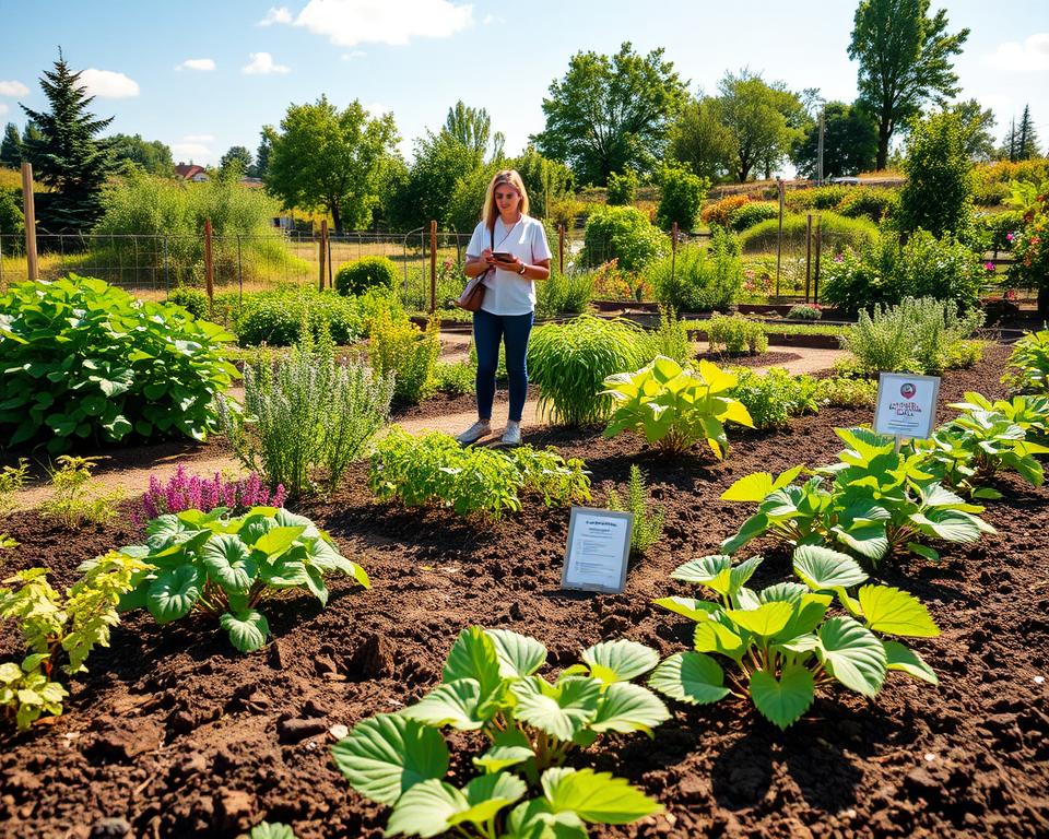 A vibrant community garden in a sunny setting, focusing on the elements of a Standortanalyse. In the foreground, diverse plants showcasing healthy soil, along with a soil testing kit and a wind direction indicator. The middle ground features a garden planner in modest casual clothing, observing sunlight patterns and taking notes. In the background, a variety of trees and shrubs indicating wind barriers, with a clear blue sky and gentle clouds enhancing the scene. Bright, natural lighting accentuates the lush greenery and rich soil textures, creating a warm, inviting atmosphere. Capture this landscape from a slightly elevated angle, emphasizing the layout and organization of the garden. A vibrant community garden in a sunny setting, focusing on the elements of a Standortanalyse. In the foreground, diverse plants showcasing healthy soil, along with a soil testing kit and a wind direction indicator. The middle ground features a garden planner in modest casual clothing, observing sunlight patterns and taking notes. In the background, a variety of trees and shrubs indicating wind barriers, with a clear blue sky and gentle clouds enhancing the scene. Bright, natural lighting accentuates the lush greenery and rich soil textures, creating a warm, inviting atmosphere. Capture this landscape from a slightly elevated angle, emphasizing the layout and organization of the garden.