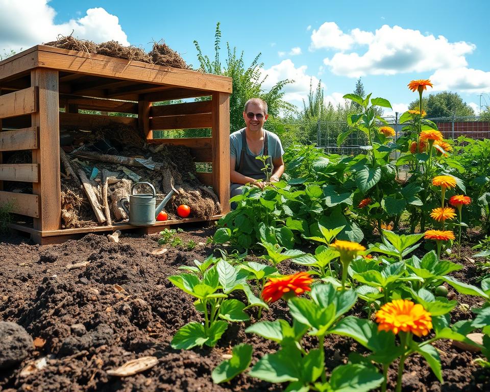 A vibrant compost area in a thriving garden, showcasing a neat compost bin made from wooden pallets, filled with decomposing organic matter like vegetable scraps and yard waste. In the foreground, rich, dark soil is visible, surrounded by lush green plants, including tomatoes and cucumbers, with colorful flowers like marigolds interspersed. In the middle ground, a gardener in modest casual clothing tends to the plants, smiling with satisfaction, while a watering can rests beside them. The background features a sunny sky with a few fluffy clouds, casting soft, natural light across the scene. The atmosphere is serene and productive, evoking the cycle of waste transforming into nourishing plants, symbolizing sustainability and harmony with nature. A vibrant compost area in a thriving garden, showcasing a neat compost bin made from wooden pallets, filled with decomposing organic matter like vegetable scraps and yard waste. In the foreground, rich, dark soil is visible, surrounded by lush green plants, including tomatoes and cucumbers, with colorful flowers like marigolds interspersed. In the middle ground, a gardener in modest casual clothing tends to the plants, smiling with satisfaction, while a watering can rests beside them. The background features a sunny sky with a few fluffy clouds, casting soft, natural light across the scene. The atmosphere is serene and productive, evoking the cycle of waste transforming into nourishing plants, symbolizing sustainability and harmony with nature.