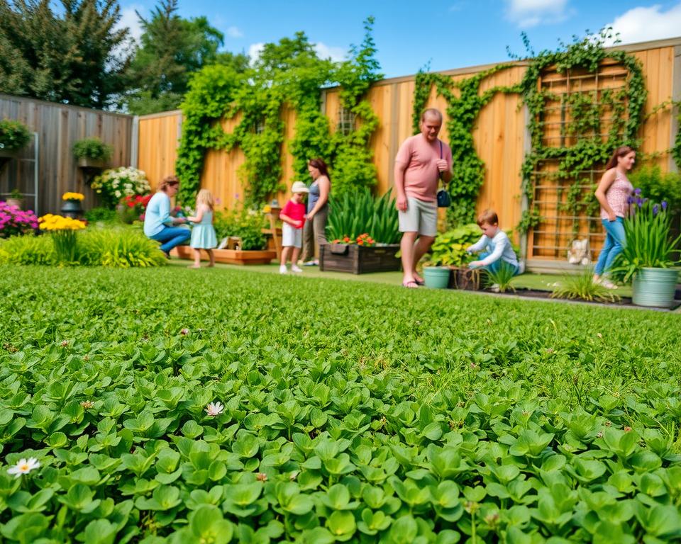 A vibrant family garden scene featuring lush ground cover plants instead of traditional lawn grass. In the foreground, a variety of green and flowering ground cover species, such as creeping thyme and clover, create a textured carpet of greenery. The middle ground showcases a family enjoying the space, with children playing and a modestly dressed adult gardening, surrounded by colorful flower beds and a small vegetable patch. In the background, a wooden fence adorned with climbing plants, under a clear blue sky with soft, natural lighting that enhances the freshness of the scene. The atmosphere is cheerful and inviting, reflecting a low-maintenance, family-friendly outdoor space perfect for relaxation and enjoyment. A vibrant family garden scene featuring lush ground cover plants instead of traditional lawn grass. In the foreground, a variety of green and flowering ground cover species, such as creeping thyme and clover, create a textured carpet of greenery. The middle ground showcases a family enjoying the space, with children playing and a modestly dressed adult gardening, surrounded by colorful flower beds and a small vegetable patch. In the background, a wooden fence adorned with climbing plants, under a clear blue sky with soft, natural lighting that enhances the freshness of the scene. The atmosphere is cheerful and inviting, reflecting a low-maintenance, family-friendly outdoor space perfect for relaxation and enjoyment.