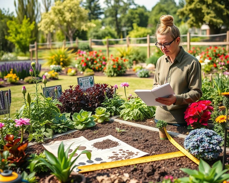 A vibrant garden analysis scene showcasing a detailed layout for a dream garden design. In the foreground, a professional garden planner, dressed in smart casual attire, examines soil samples and notes on a clipboard, surrounded by colorful plants. The middle ground features diverse plant species, highlighting different soil types and conditions, along with a measuring tape and gardening tools placed thoughtfully. In the background, a sunny landscape reveals varying microclimates with tall trees, flowering bushes, and a neighboring fence, creating a lush, inviting atmosphere. Soft, natural lighting enhances the richness of the greens, while a slight depth of field blurs the background, focusing attention on the analysis process. The overall mood is exploratory and optimistic, embodying the essence of understanding gardening elements for a perfect mix garden. A vibrant garden analysis scene showcasing a detailed layout for a dream garden design. In the foreground, a professional garden planner, dressed in smart casual attire, examines soil samples and notes on a clipboard, surrounded by colorful plants. The middle ground features diverse plant species, highlighting different soil types and conditions, along with a measuring tape and gardening tools placed thoughtfully. In the background, a sunny landscape reveals varying microclimates with tall trees, flowering bushes, and a neighboring fence, creating a lush, inviting atmosphere. Soft, natural lighting enhances the richness of the greens, while a slight depth of field blurs the background, focusing attention on the analysis process. The overall mood is exploratory and optimistic, embodying the essence of understanding gardening elements for a perfect mix garden.