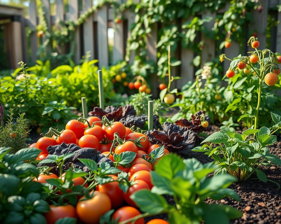 A vibrant garden scene showcasing a harmonious integration of edible plants, with a lush foreground filled with colorful vegetables like tomatoes, carrots, and lettuce. Sprigs of aromatic herbs such as basil, rosemary, and thyme peek through the greenery, while fruiting plants like strawberries and dwarf apple trees fill the midground. The background features a picturesque wooden fence adorned with climbing vines. Soft sunlight filters through the foliage, casting dappled shadows on the rich, dark soil. The atmosphere is serene and inviting, evoking a sense of warmth and abundance. The image is captured from a slightly elevated angle to provide depth, with a shallow depth of field that blurs the background gently, emphasizing the vivid colors and textures of the edible plants in the foreground. A vibrant garden scene showcasing a harmonious integration of edible plants, with a lush foreground filled with colorful vegetables like tomatoes, carrots, and lettuce. Sprigs of aromatic herbs such as basil, rosemary, and thyme peek through the greenery, while fruiting plants like strawberries and dwarf apple trees fill the midground. The background features a picturesque wooden fence adorned with climbing vines. Soft sunlight filters through the foliage, casting dappled shadows on the rich, dark soil. The atmosphere is serene and inviting, evoking a sense of warmth and abundance. The image is captured from a slightly elevated angle to provide depth, with a shallow depth of field that blurs the background gently, emphasizing the vivid colors and textures of the edible plants in the foreground.