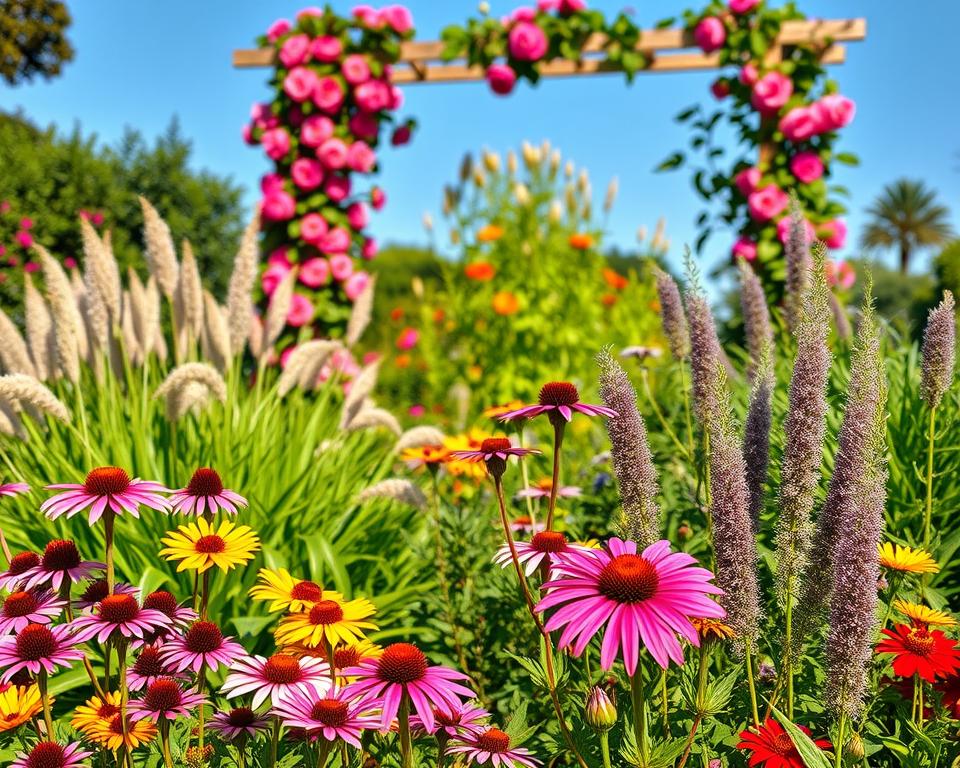 A vibrant garden scene showcasing a variety of low-maintenance perennials in full bloom. In the foreground, clusters of colorful flowers like echinacea, daylilies, and ornamental grasses create a lively tapestry of textures and shapes. The middle ground features lush green foliage, offering a backdrop of healthy plants in varying shades, enhancing the scene's richness. In the background, a softly blurred trellis adorned with climbing roses adds depth, while a clear blue sky above provides warm, natural lighting, casting a gentle glow on the garden. Capture the tranquil and inviting atmosphere of a dream garden, ideal for relaxation and enjoyment, with a focus on the beauty and practicality of low-maintenance plants. A vibrant garden scene showcasing a variety of low-maintenance perennials in full bloom. In the foreground, clusters of colorful flowers like echinacea, daylilies, and ornamental grasses create a lively tapestry of textures and shapes. The middle ground features lush green foliage, offering a backdrop of healthy plants in varying shades, enhancing the scene's richness. In the background, a softly blurred trellis adorned with climbing roses adds depth, while a clear blue sky above provides warm, natural lighting, casting a gentle glow on the garden. Capture the tranquil and inviting atmosphere of a dream garden, ideal for relaxation and enjoyment, with a focus on the beauty and practicality of low-maintenance plants.
