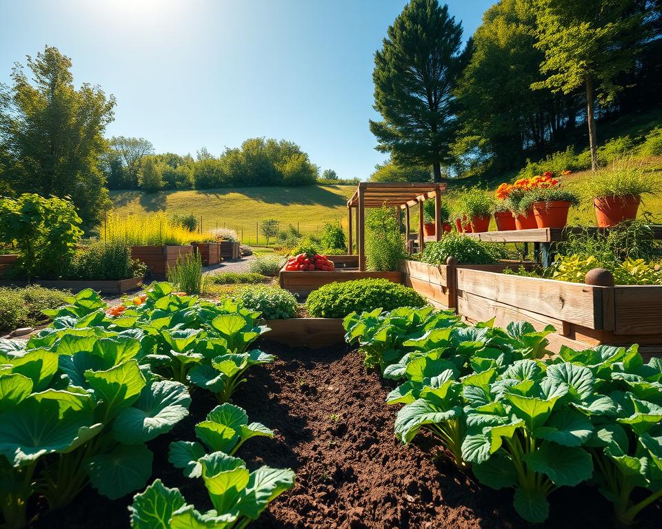 A vibrant, lush vegetable garden specifically designed for Germany, showcasing an array of hardy vegetable varieties and regional classics like kale, carrots, and potatoes. In the foreground, rich soil beds are filled with healthy, green plants under the bright sunlight, dew glistening on the leaves. The middle ground features rustic wooden garden boxes and terracotta pots, overflowing with colorful vegetables, emphasizing diversity in texture and color. In the background, a gentle slope lined with lush trees creates a serene atmosphere, with a clear blue sky above. The lighting is warm and inviting, casting soft shadows that enhance the garden's inviting feel. Capture this scene from a slight high angle to showcase the garden's layout, evoking a sense of abundance and tranquility in nature. A vibrant, lush vegetable garden specifically designed for Germany, showcasing an array of hardy vegetable varieties and regional classics like kale, carrots, and potatoes. In the foreground, rich soil beds are filled with healthy, green plants under the bright sunlight, dew glistening on the leaves. The middle ground features rustic wooden garden boxes and terracotta pots, overflowing with colorful vegetables, emphasizing diversity in texture and color. In the background, a gentle slope lined with lush trees creates a serene atmosphere, with a clear blue sky above. The lighting is warm and inviting, casting soft shadows that enhance the garden's inviting feel. Capture this scene from a slight high angle to showcase the garden's layout, evoking a sense of abundance and tranquility in nature.