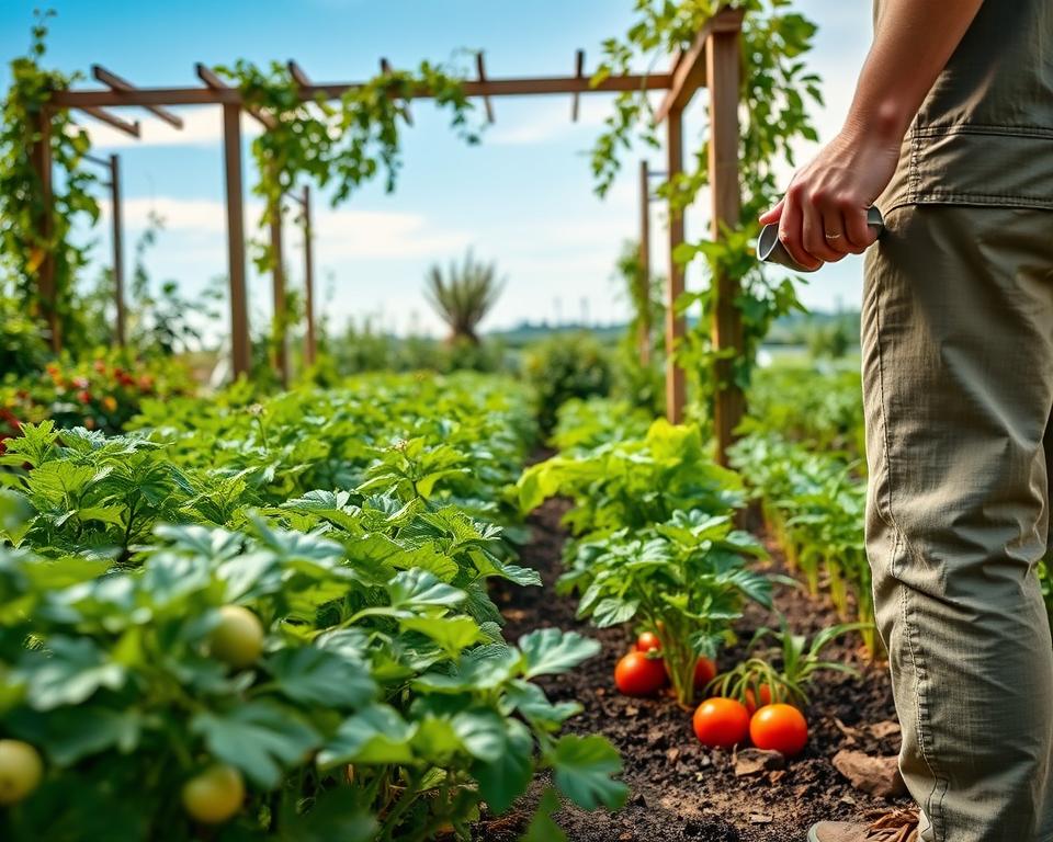 A vibrant organic vegetable garden filled with lush green plants, showcasing a variety of vegetables like tomatoes, carrots, and leafy greens. In the foreground, a gardener with modest casual clothing is gently applying organic fertilizer, using a small scoop. The middle section features well-tended rows of plants, with some mulch and compost visible around the bases for added detail. In the background, a wooden trellis supports climbing plants, framed by a clear blue sky with soft sunlight filtering through. The atmosphere is serene and nurturing, conveying sustainability and connection to nature. Capture this scene with a warm, inviting light, and a slightly elevated angle to emphasize the care and beauty of the garden. A vibrant organic vegetable garden filled with lush green plants, showcasing a variety of vegetables like tomatoes, carrots, and leafy greens. In the foreground, a gardener with modest casual clothing is gently applying organic fertilizer, using a small scoop. The middle section features well-tended rows of plants, with some mulch and compost visible around the bases for added detail. In the background, a wooden trellis supports climbing plants, framed by a clear blue sky with soft sunlight filtering through. The atmosphere is serene and nurturing, conveying sustainability and connection to nature. Capture this scene with a warm, inviting light, and a slightly elevated angle to emphasize the care and beauty of the garden.