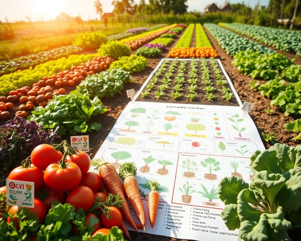 A vibrant vegetable garden layout, showcasing diverse crops in organized rows, illustrating crop rotation and intercropping principles. In the foreground, a variety of vegetables such as tomatoes, carrots, and lettuce are prominently displayed, labeled with small eco-friendly markers. The middle ground features an intricate planting plan with colorful diagrams and symbols highlighting plant spacing and companion planting strategies. In the background, a sunny sky enhances the scene, bathing the garden in warm natural light. The overall atmosphere is serene and productive, evoking a sense of harmony in nature. The angle is slightly elevated to capture the entire layout, giving a comprehensive view of the well-planned vegetable garden. A vibrant vegetable garden layout, showcasing diverse crops in organized rows, illustrating crop rotation and intercropping principles. In the foreground, a variety of vegetables such as tomatoes, carrots, and lettuce are prominently displayed, labeled with small eco-friendly markers. The middle ground features an intricate planting plan with colorful diagrams and symbols highlighting plant spacing and companion planting strategies. In the background, a sunny sky enhances the scene, bathing the garden in warm natural light. The overall atmosphere is serene and productive, evoking a sense of harmony in nature. The angle is slightly elevated to capture the entire layout, giving a comprehensive view of the well-planned vegetable garden.