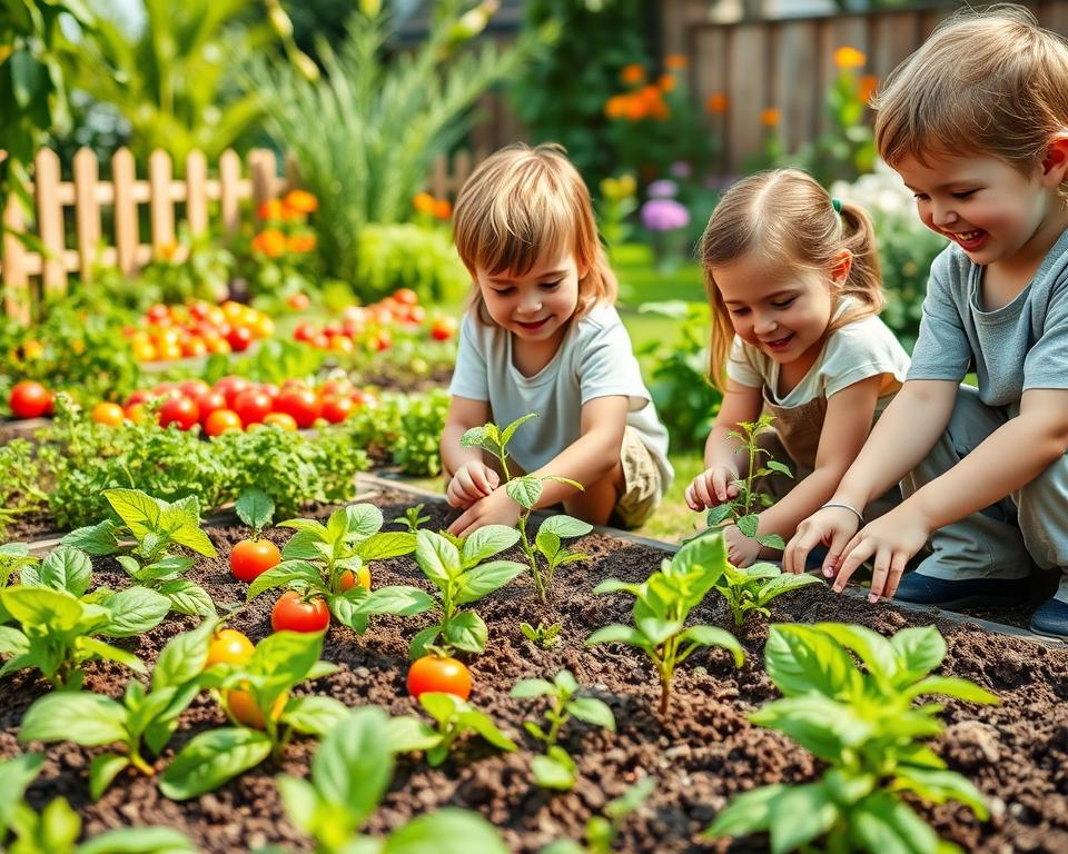 A vibrant vegetable garden scene featuring children joyfully participating in gardening activities. In the foreground, two children, a boy and a girl, wearing comfortable, modest clothing, are planting seedlings in rich soil, their hands slightly dirty from the task. Bright green leaves of various vegetables, herbs, and fruits surround them. In the middle ground, rows of colorful vegetables like tomatoes, peppers, and leafy greens flourish, while small patches of fragrant herbs like basil and mint add variety. In the background, a cozy family garden with a wooden fence and bright flowers creates a cheerful atmosphere. Soft sunlight filters through the leaves, casting gentle shadows, evoking a warm and inviting family environment filled with laughter and learning. A vibrant vegetable garden scene featuring children joyfully participating in gardening activities. In the foreground, two children, a boy and a girl, wearing comfortable, modest clothing, are planting seedlings in rich soil, their hands slightly dirty from the task. Bright green leaves of various vegetables, herbs, and fruits surround them. In the middle ground, rows of colorful vegetables like tomatoes, peppers, and leafy greens flourish, while small patches of fragrant herbs like basil and mint add variety. In the background, a cozy family garden with a wooden fence and bright flowers creates a cheerful atmosphere. Soft sunlight filters through the leaves, casting gentle shadows, evoking a warm and inviting family environment filled with laughter and learning.