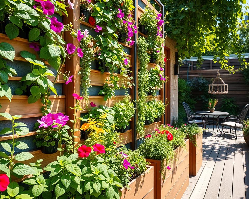 A vibrant vertical garden filled with various colorful plants, herbs, and flowers, arranged artistically on a modern wall structure. In the foreground, there are planters with leafy greens like basil and mint, and blooming flowers such as geraniums and petunias, providing a rich texture. The middle layer features a sleek wood and metal vertical garden frame, showcasing an innovative urban gardening solution. In the background, a cozy small garden space with a wooden deck and garden furniture, sunlight filtering through green leaves, casting soft shadows. The scene is captured in bright daylight, evoking a fresh, inviting atmosphere, using a slight aerial angle to highlight the vertical garden's design. A vibrant vertical garden filled with various colorful plants, herbs, and flowers, arranged artistically on a modern wall structure. In the foreground, there are planters with leafy greens like basil and mint, and blooming flowers such as geraniums and petunias, providing a rich texture. The middle layer features a sleek wood and metal vertical garden frame, showcasing an innovative urban gardening solution. In the background, a cozy small garden space with a wooden deck and garden furniture, sunlight filtering through green leaves, casting soft shadows. The scene is captured in bright daylight, evoking a fresh, inviting atmosphere, using a slight aerial angle to highlight the vertical garden's design.