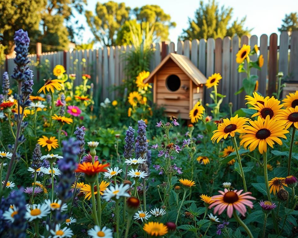 A vibrant wild bee-friendly garden teeming with life, showcasing a variety of colorful wildflowers such as lavender, daisies, and sunflowers in the foreground, attracting bees and butterflies. In the middle ground, a rustic wooden bee hotel is nestled among lush greenery, with bees buzzing around, while edible plants like herbs and vegetables peek through. The background features a soft-focus view of a wooden fence and trees under a clear blue sky, casting gentle, dappled sunlight across the scene. The image should convey a serene and inviting atmosphere, emphasizing biodiversity and harmony in nature. Use a wide-angle lens to capture the expansive garden, with warm, natural lighting to enhance the vibrant colors and serene mood. A vibrant wild bee-friendly garden teeming with life, showcasing a variety of colorful wildflowers such as lavender, daisies, and sunflowers in the foreground, attracting bees and butterflies. In the middle ground, a rustic wooden bee hotel is nestled among lush greenery, with bees buzzing around, while edible plants like herbs and vegetables peek through. The background features a soft-focus view of a wooden fence and trees under a clear blue sky, casting gentle, dappled sunlight across the scene. The image should convey a serene and inviting atmosphere, emphasizing biodiversity and harmony in nature. Use a wide-angle lens to capture the expansive garden, with warm, natural lighting to enhance the vibrant colors and serene mood.