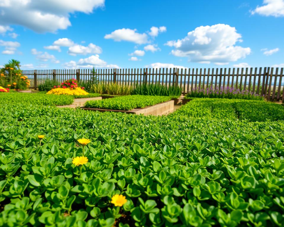 Lush, green ground cover plants thrive in a tidy garden setting, showcasing a variety of types, such as creeping thyme and ajuga, forming a dense, vibrant carpet of foliage. In the foreground, colorful flowers peek through the ground cover, adding splashes of yellow and purple. The middle ground features neatly arranged beds filled with healthy bodendecker plants, giving a well-maintained appearance. The background displays a tidy fence and a vibrant blue sky dotted with soft, fluffy clouds, creating a bright and inviting atmosphere. The lighting is soft and natural, reminiscent of a sunny afternoon, enhancing the colors of the plants and casting gentle shadows. The scene evokes a sense of tranquility and harmony in a low-maintenance garden, ideal for illustrating the concept of using ground cover against weed pressure.